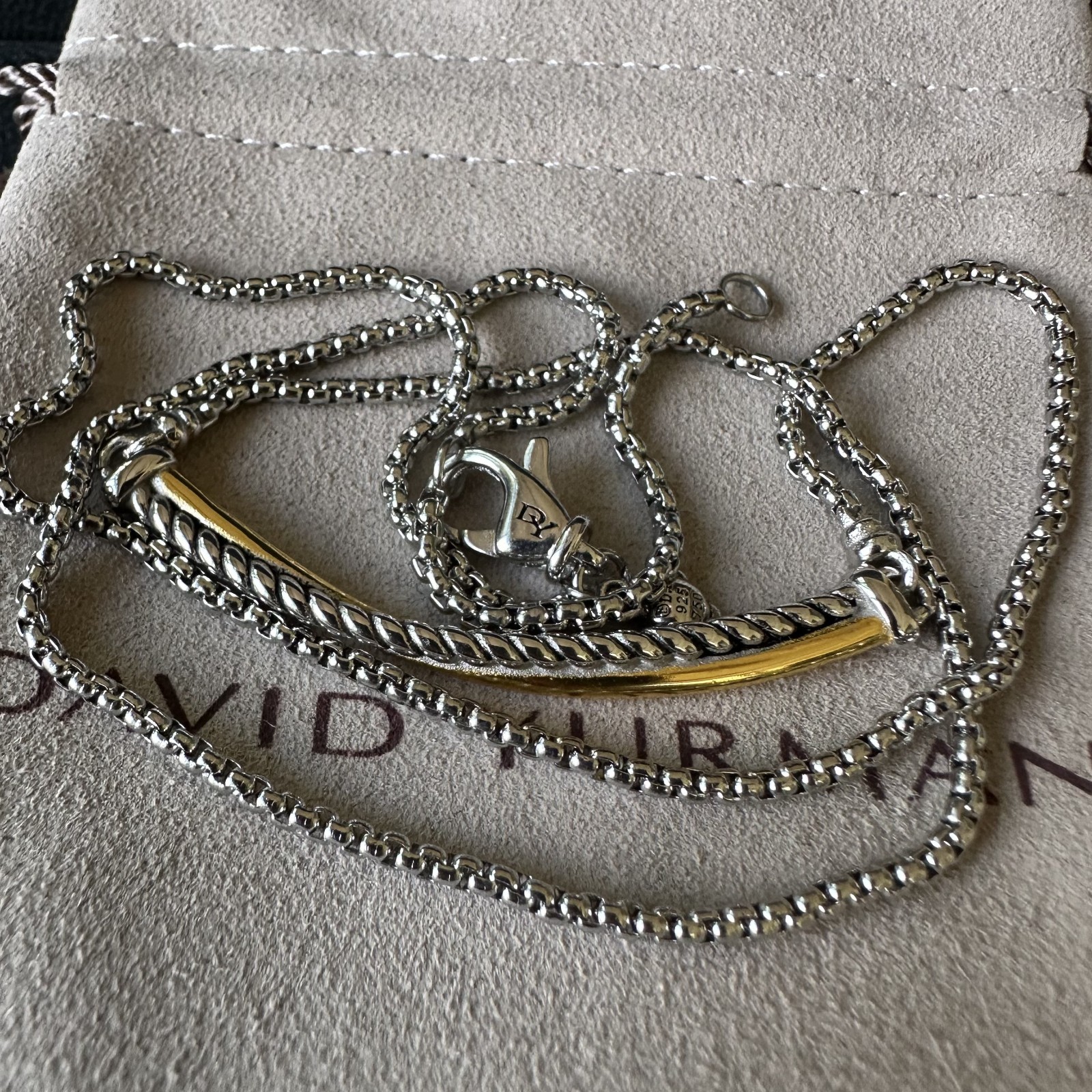 David Yurman Two Tone Cable Bar Pendant 925 Silver 18K Gold Box Chain Necklace