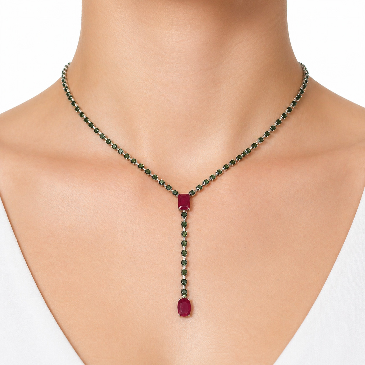 925 Sterling Silver 10 x 13 mm. Red Ruby Green Tourmaline Necklace 18.0 In.