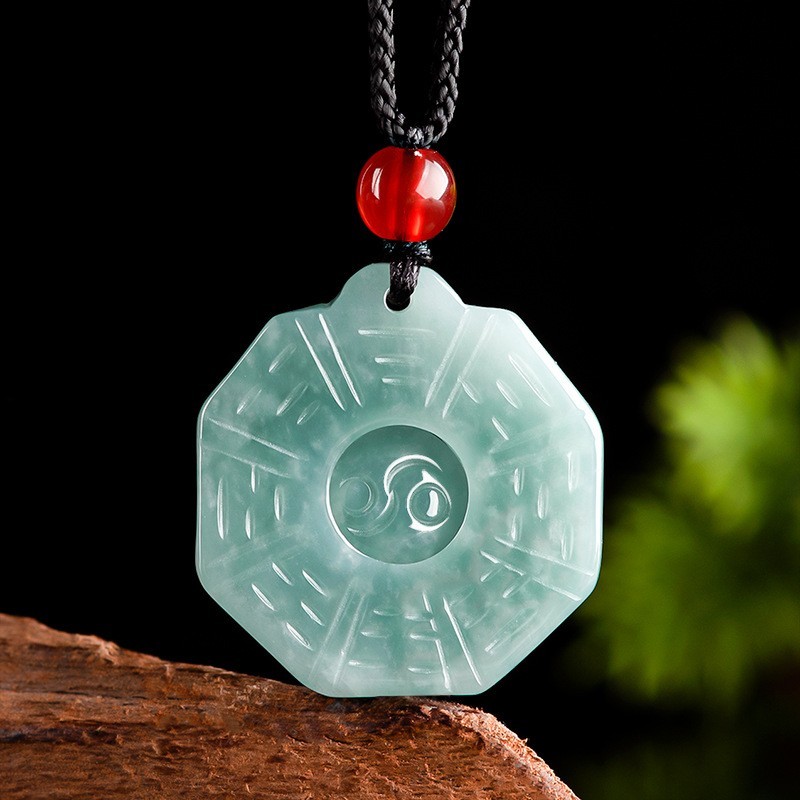 Green Jade Bagua Pendant Necklace Carved Yin Yang Amulet with Red Bead Cord