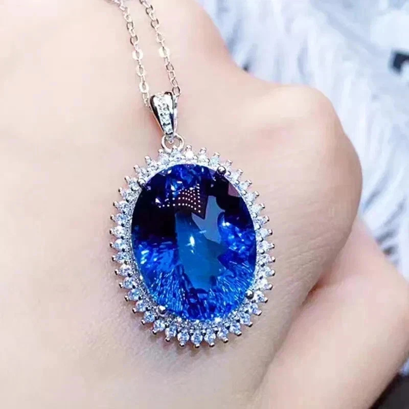 6.00Ct 14K White Gold Oval Cut Natural Blue Sapphire & Diamond Luxury Pendant