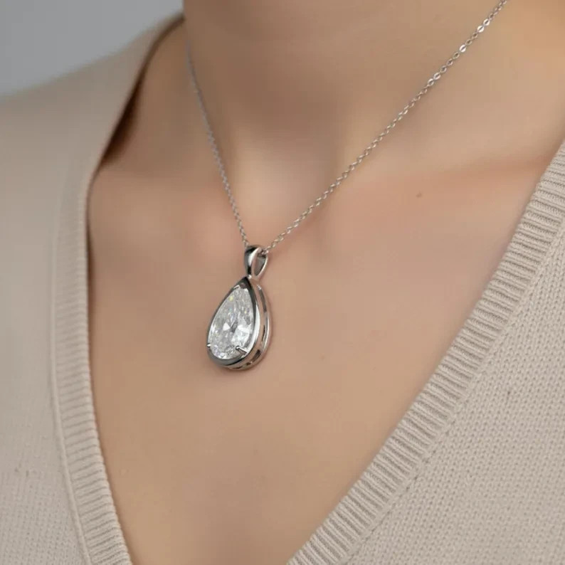 3.00 Ct Certified Pear Cut Solitaire Pendant, Silver Teardrop, Gift for Friend