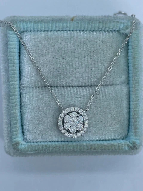 Lab Grown Diamond Women’s Halo Cluster Pendant 1Ct Round 14K White Gold Plated