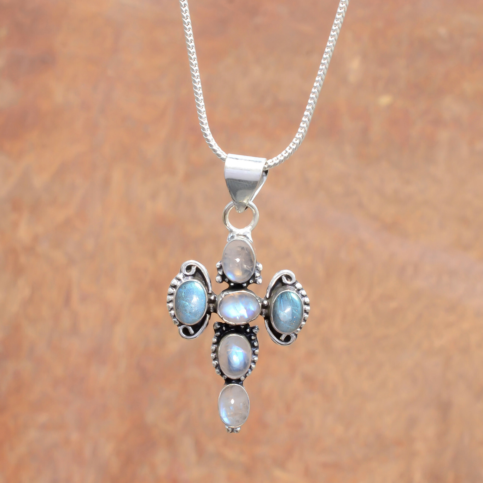 Labradorite & Moonstone Gemstone 925 Sterling Silver Cross Beauty Art Pendant