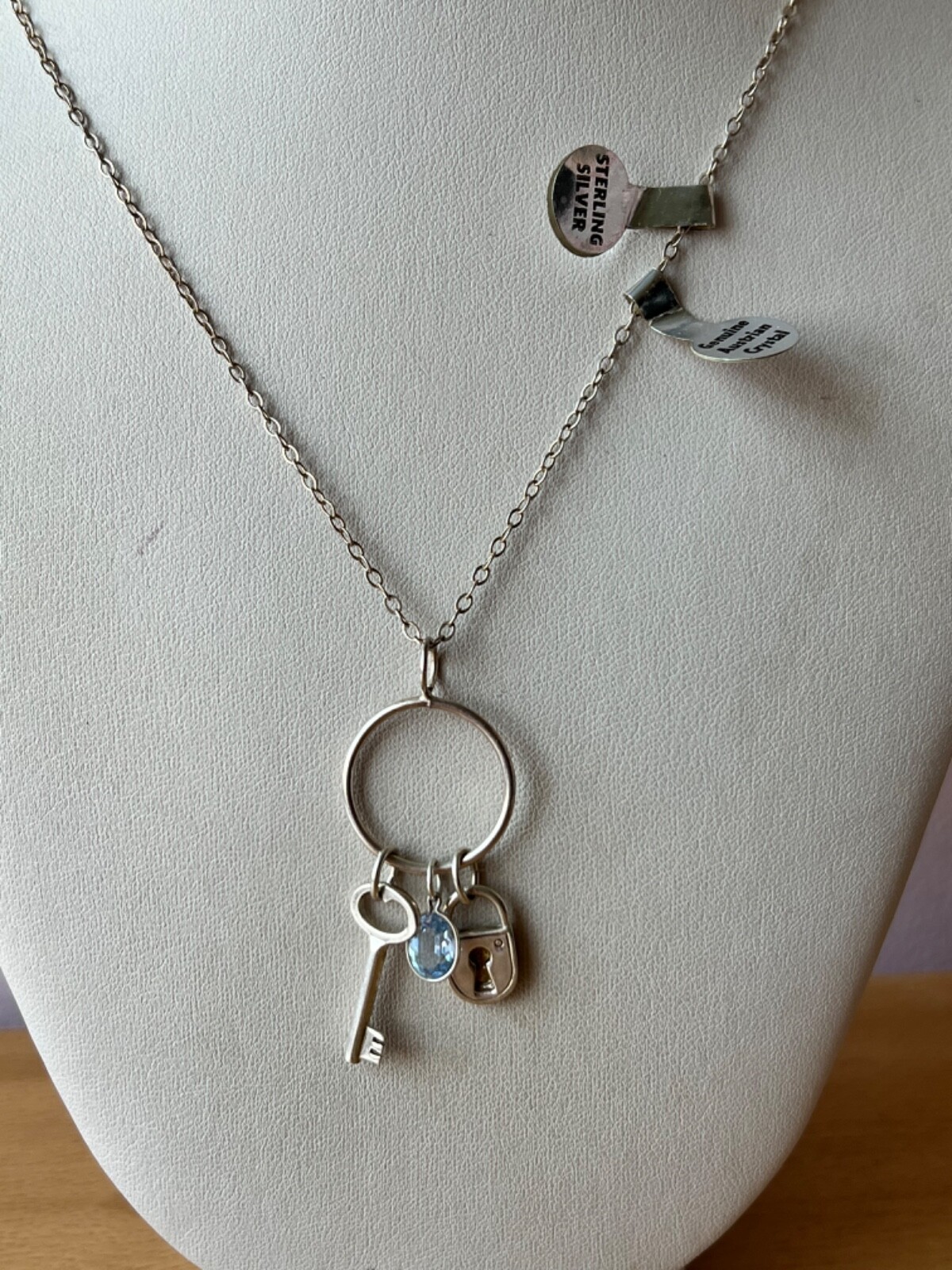 KEY, LOCK, BLUE CRYSTAL LARIAT PENDANT NECKLACE LONG CHAIN 925 STERLING SILVER