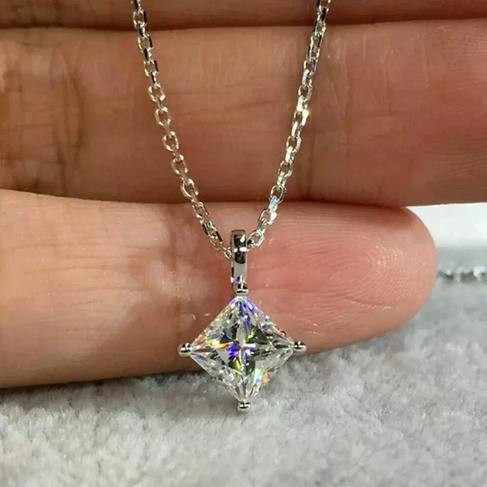 2Ct Princess-Cut Moissanite Solitaire Pendant Necklace 14K White Gold Plated