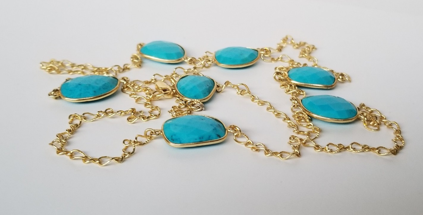 Natural Blue Gemstone, Gold over 925 Sterling Silver Station Necklace 36 In