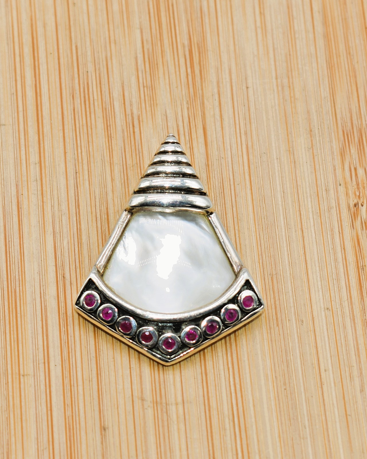 Mother of Pearl & Rubies Sterling Silver Thailand Pendant 1-1/2 inch