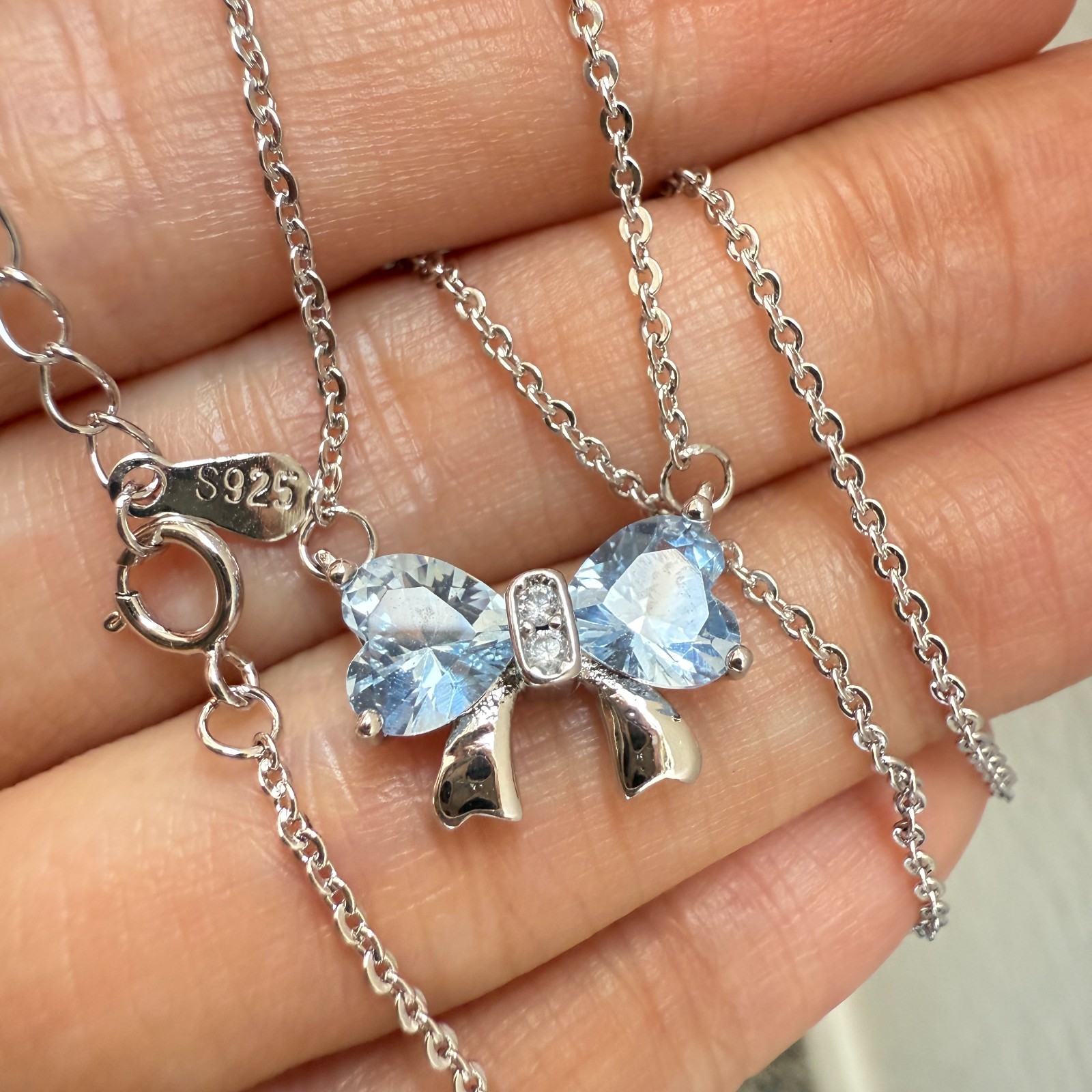 925 Sterling Silver Necklace 6mm Heart Natural Topaz Gemstone Zircon Chain Bow