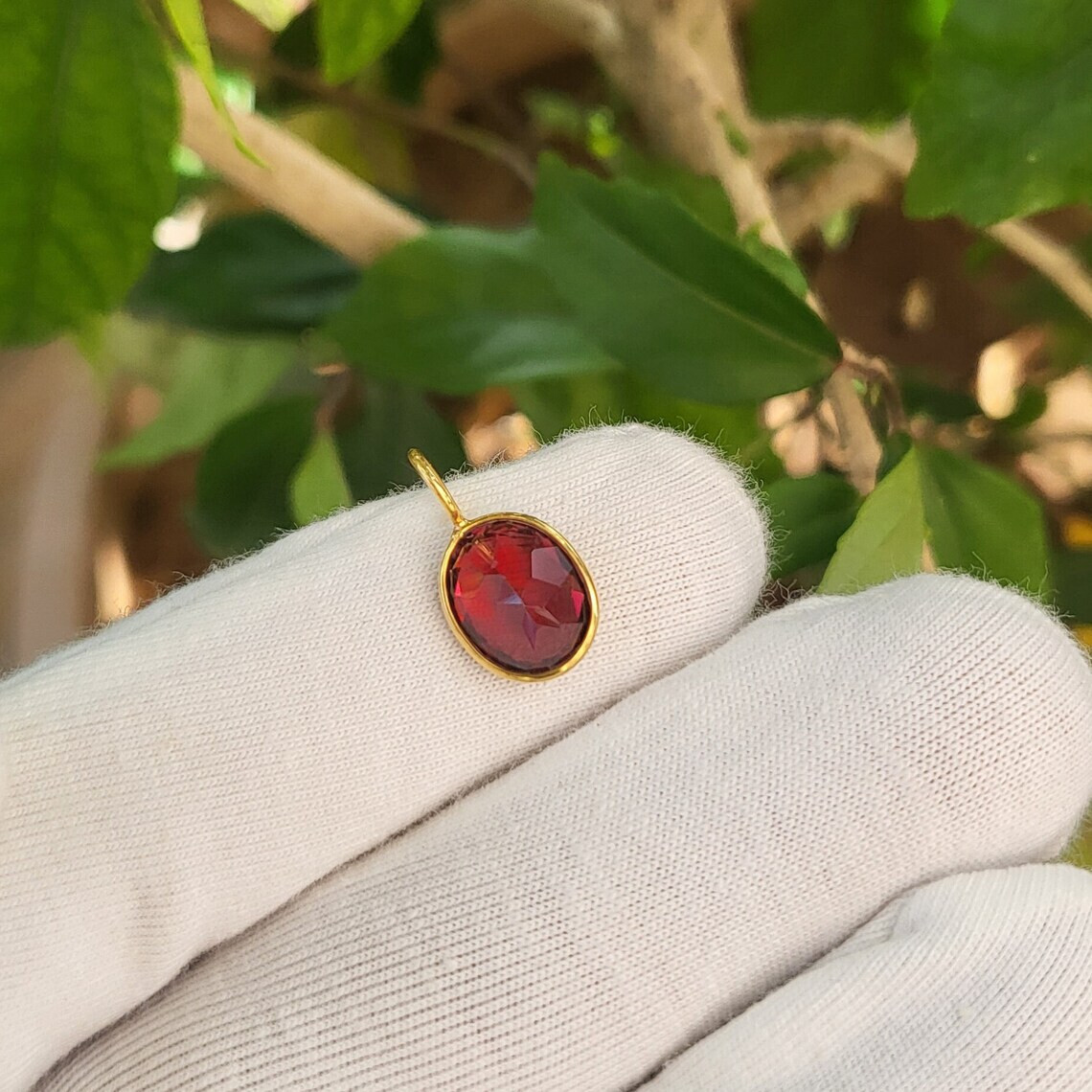 Oval Cut Garnet Charm Nacklace 14K Solid Gold Charm January Birthstone Pendant