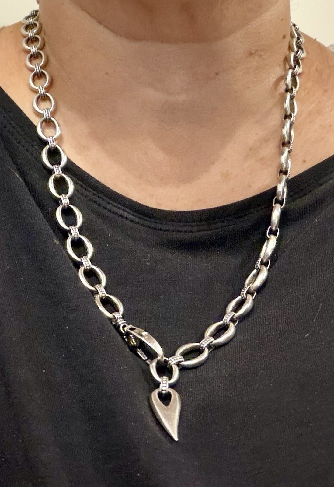 Vtg Lagos Caviar Signature Link Chain Necklace Heart Charm Sterling Gold 24”