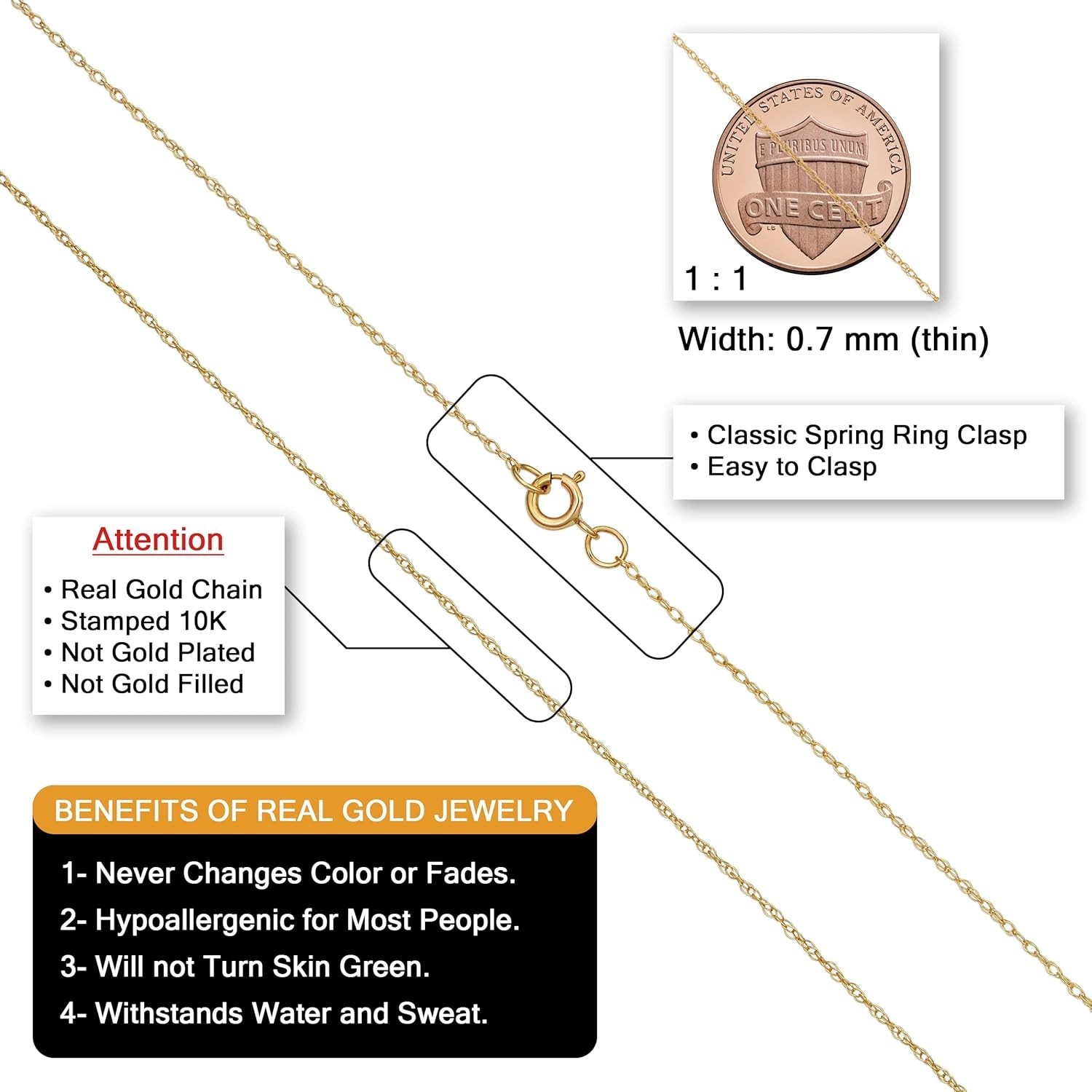 Womens Classic Rope Chain – 10K Yellow Gold Barely-There Necklace, Thin Lightwei