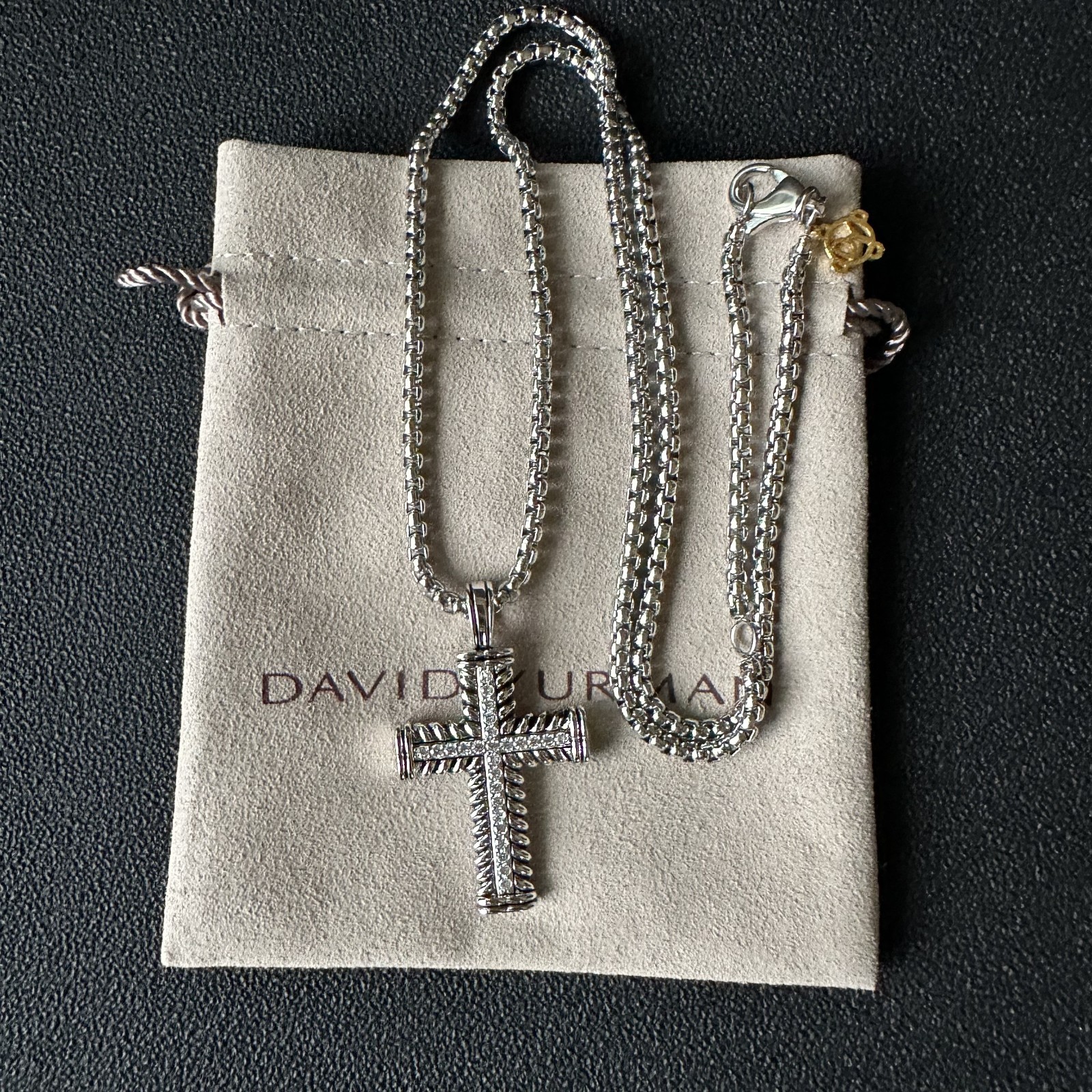 David Yurman Diamond Cable Cross Pendant Silver Classic Box Chain Necklace 55cm