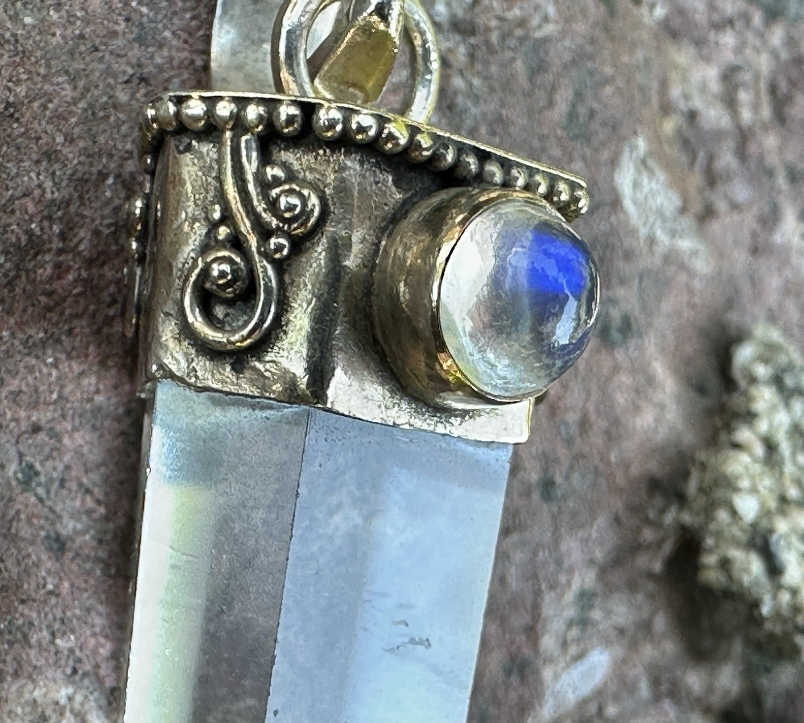 Ethereal Rainbow Moonstone & Clear Quartz Crystal Point Pendant 925s Silver