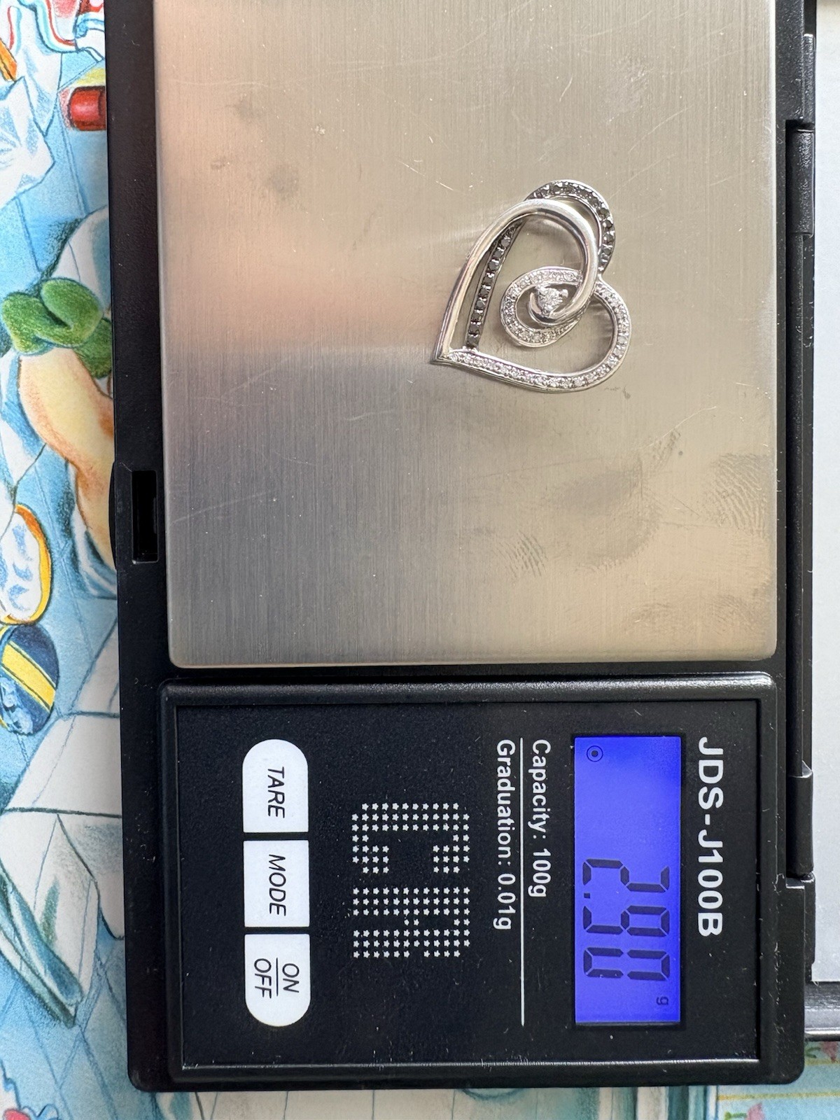KSJ 925 Sterling Silver Black & White Diamond Open Heart Pendant Large 1.1”