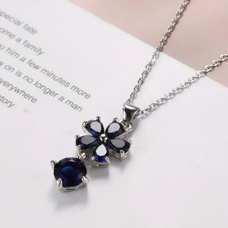 Pear Cut Lab Created Blue Sapphire Women’s Flower Pendant 14k White Gold Plated