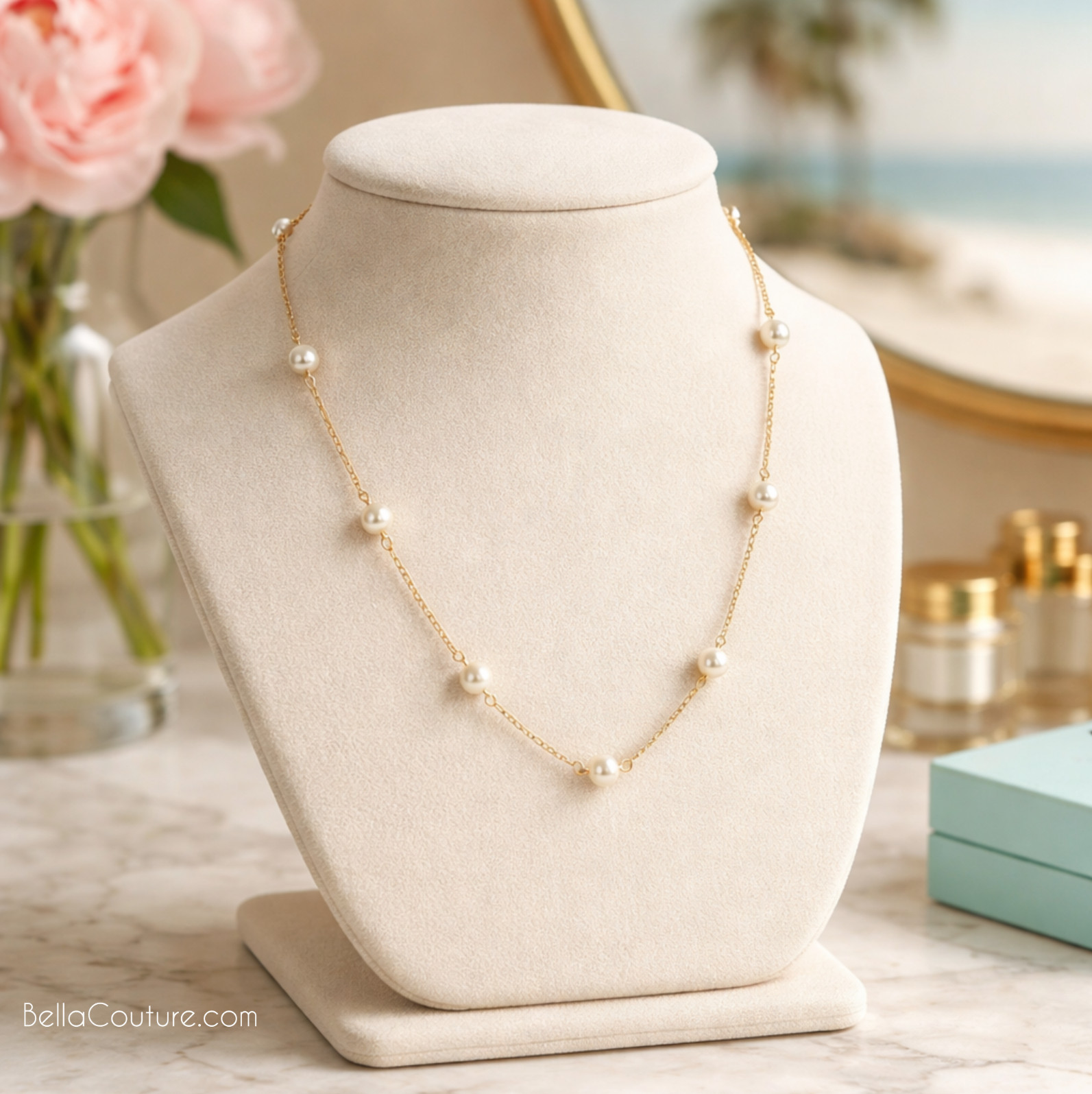 NEW BC® 18K YELLOW GOLD NATURAL TURQUOISE 24″ 18″ VICTORIAN 9 ROSE CUT NECKLACE