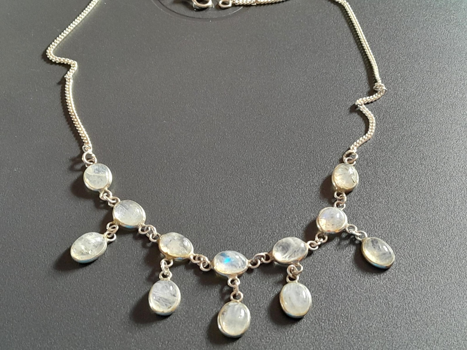 ANTIQUE 1910 STERLING SHEPHERD’S HOOK CEYLON MOON STONE NECKLACE HUES OF BLUE