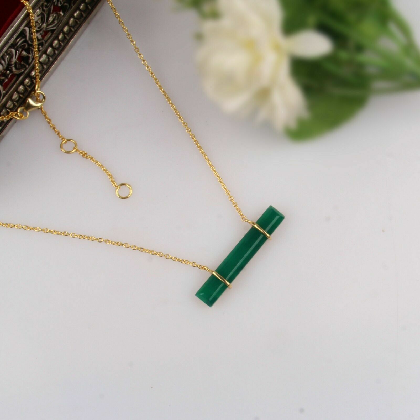 Green Onyx Bar Necklace 925 Silver Gold Plated Horizontal Pendant Necklace