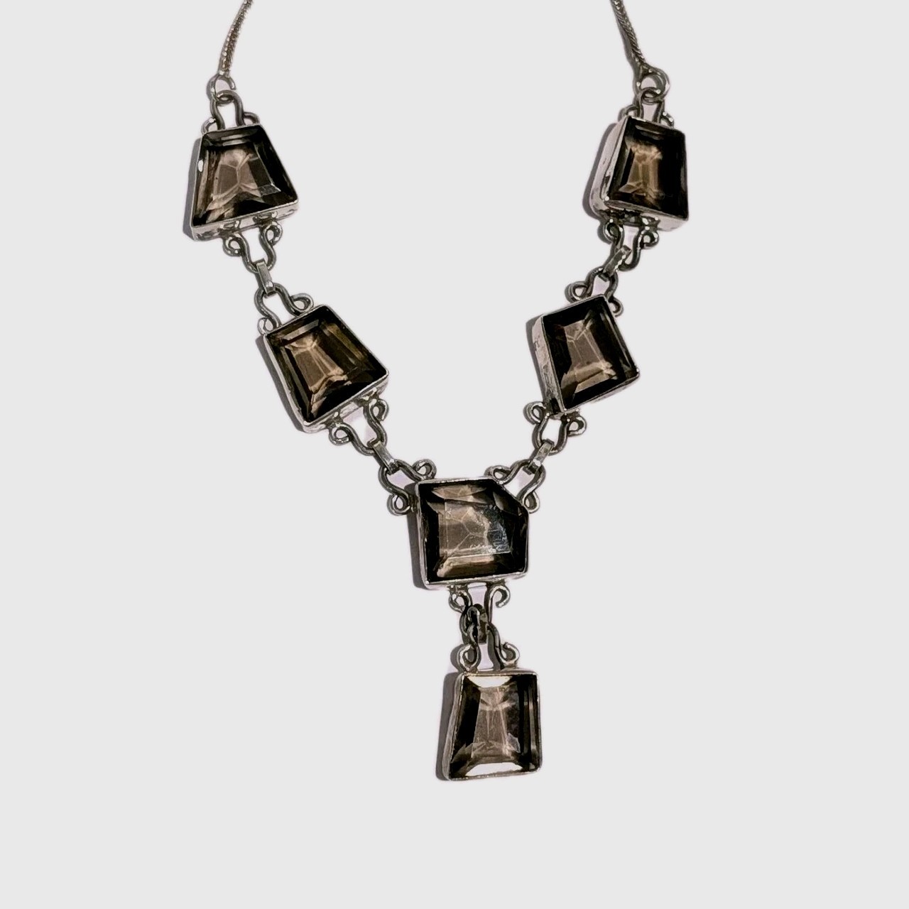 Sterling Silver Faceted Smoky Quartz Drop Statement 17″ Byzantine Necklace 26 Gr