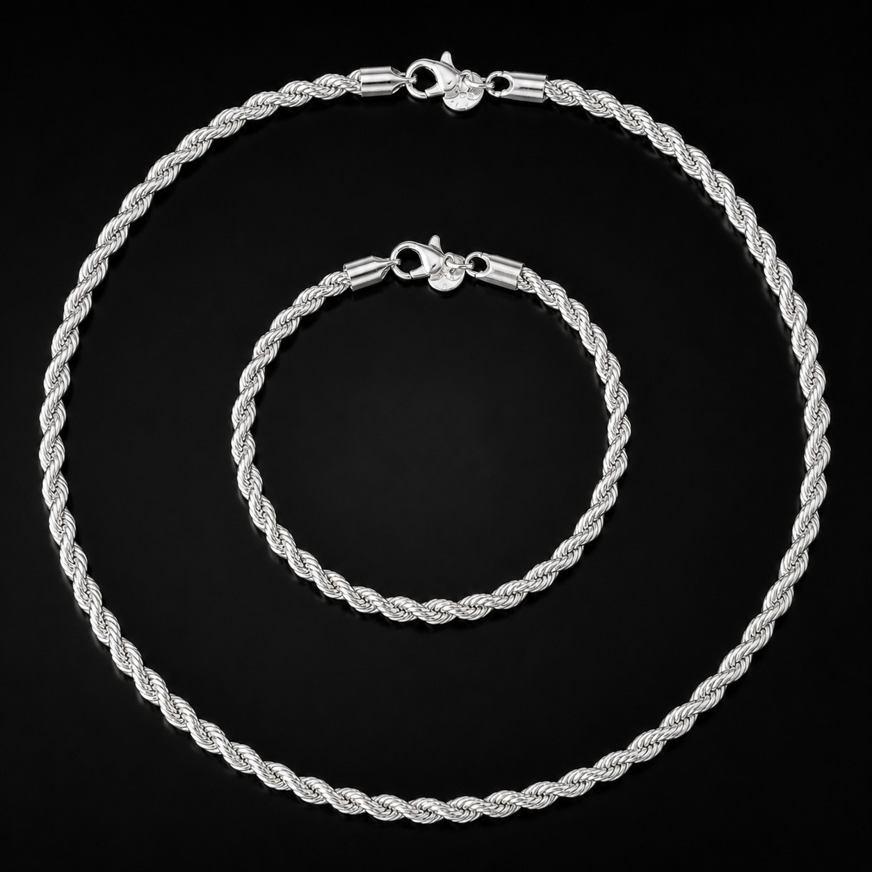 925 Sterling Silver Rope Twist 40cm Necklace & 20cm Bracelet Set Gift Boxed