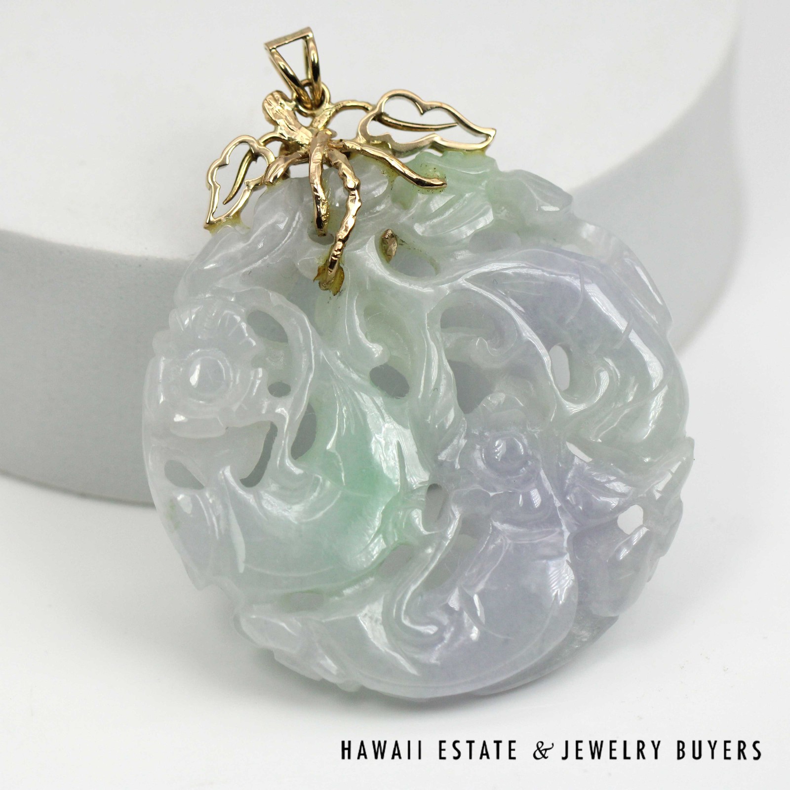 Carved Lavender & Green Jade Openwork Pendant with 14K Yellow Gold Bail