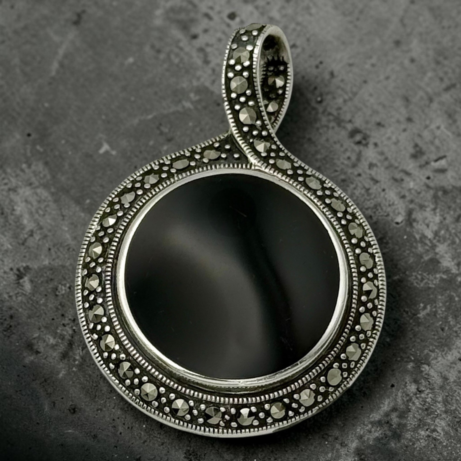 Judith Jack 925 Sterling Onyx Marcasite Reversible Pendant 2″ 21.1g Vintage