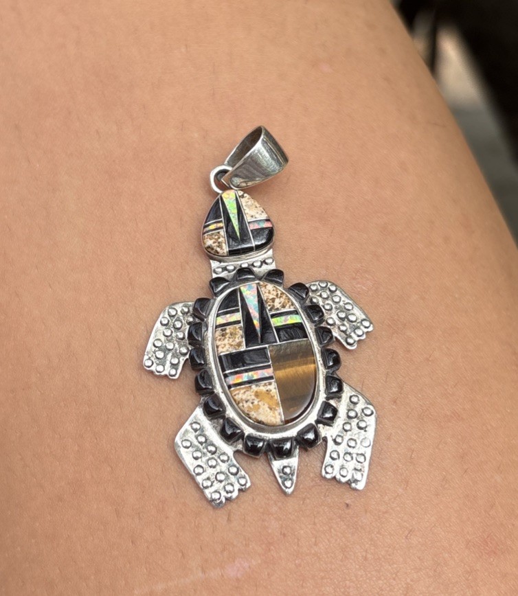 Sterling Silver Turtle Multistone (black Onyx, Etc) Pendant