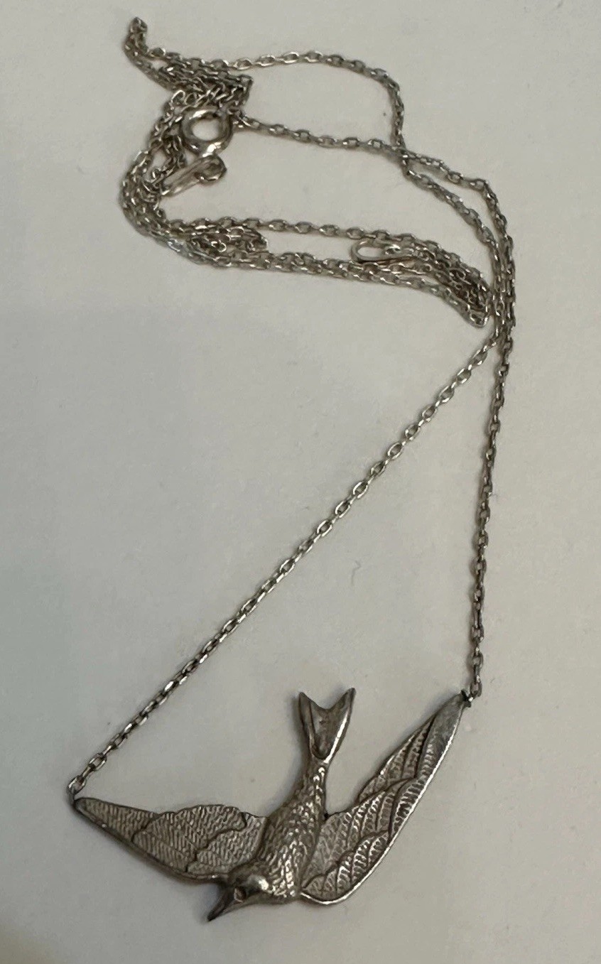 Sterling Silver Bird Necklace VTG chain Hummingbird Flying