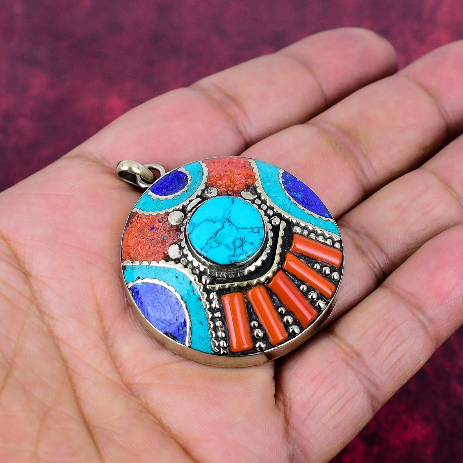 Turquoise, Coral Gemstone Handmade 925 Sterling Silver Nepali Pendant Jewelry