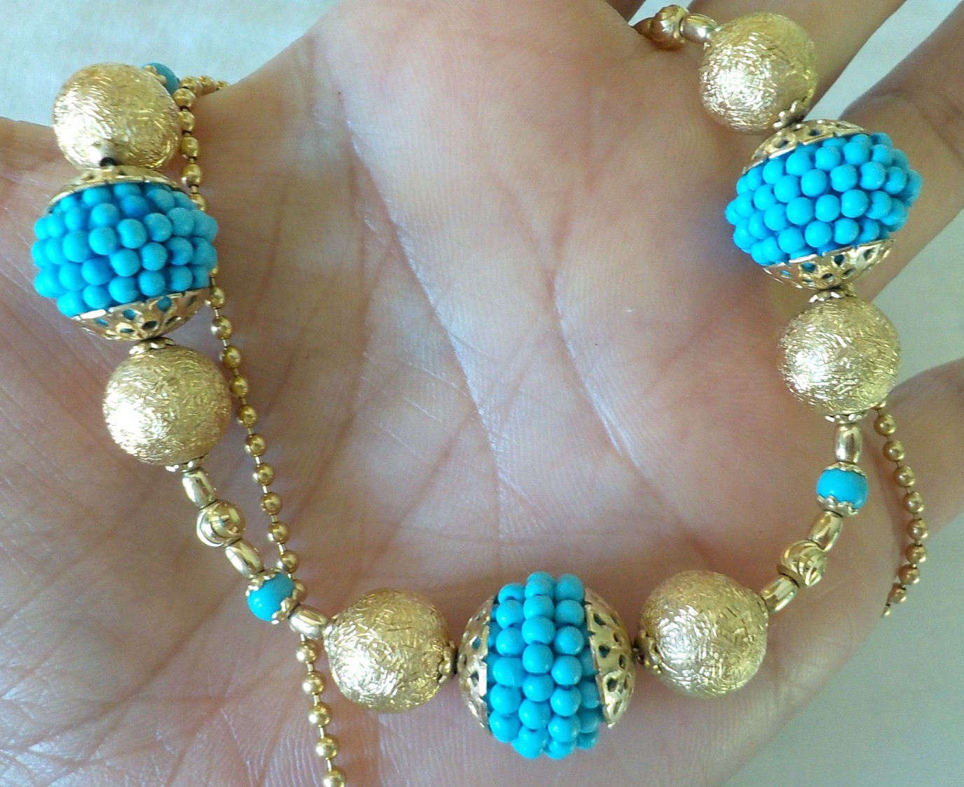 Solid 14K Yellow Gold Beaded Turquoise Diamond Cut Necklace – 18.3 gms, 20.5 in
