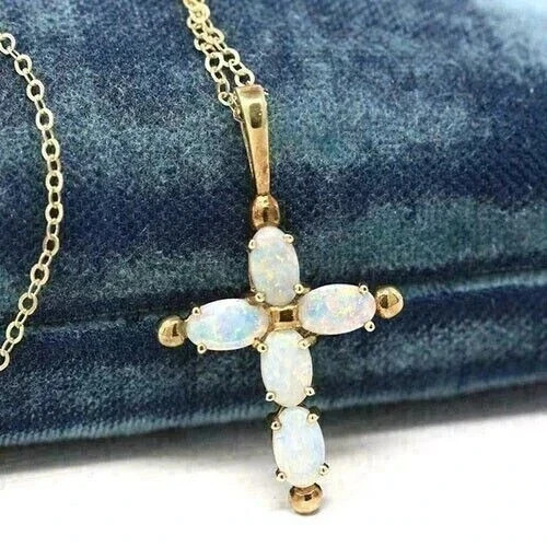 2.00Ct Oval Cut Lab Created Fire Opal Cross Pendant 14K Yellow Gold Plated