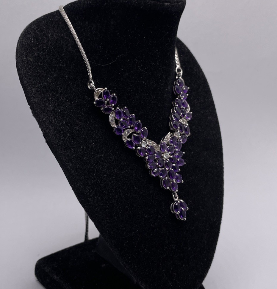 Amethyst & White Stone Set Elegant Sterling Statement Necklace 17.5in (15.65g)
