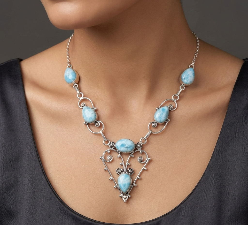 Beautiful Larimar Necklace 925 Sterling Silver Handmade Gemstone Jewelry S-18 in