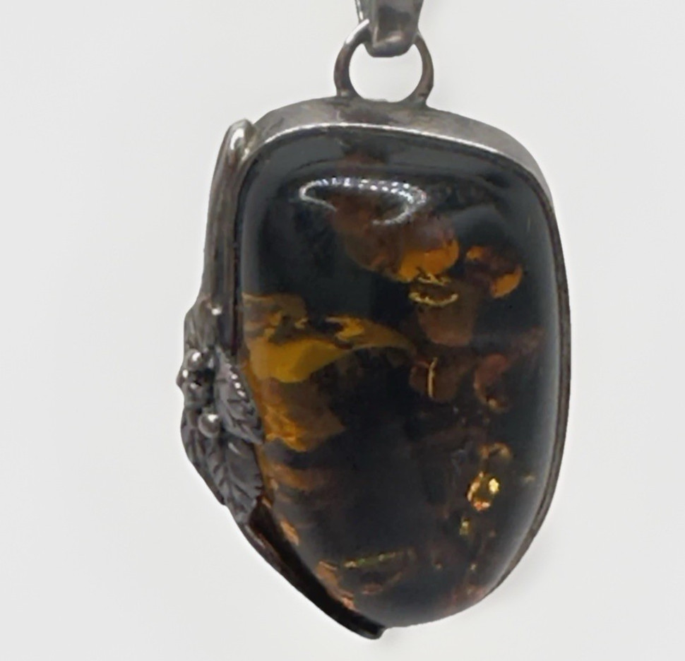 Vintage Sterling Silver Baltic Amber Pendant Deep Cognac Honey Color 11.8g 1.75″