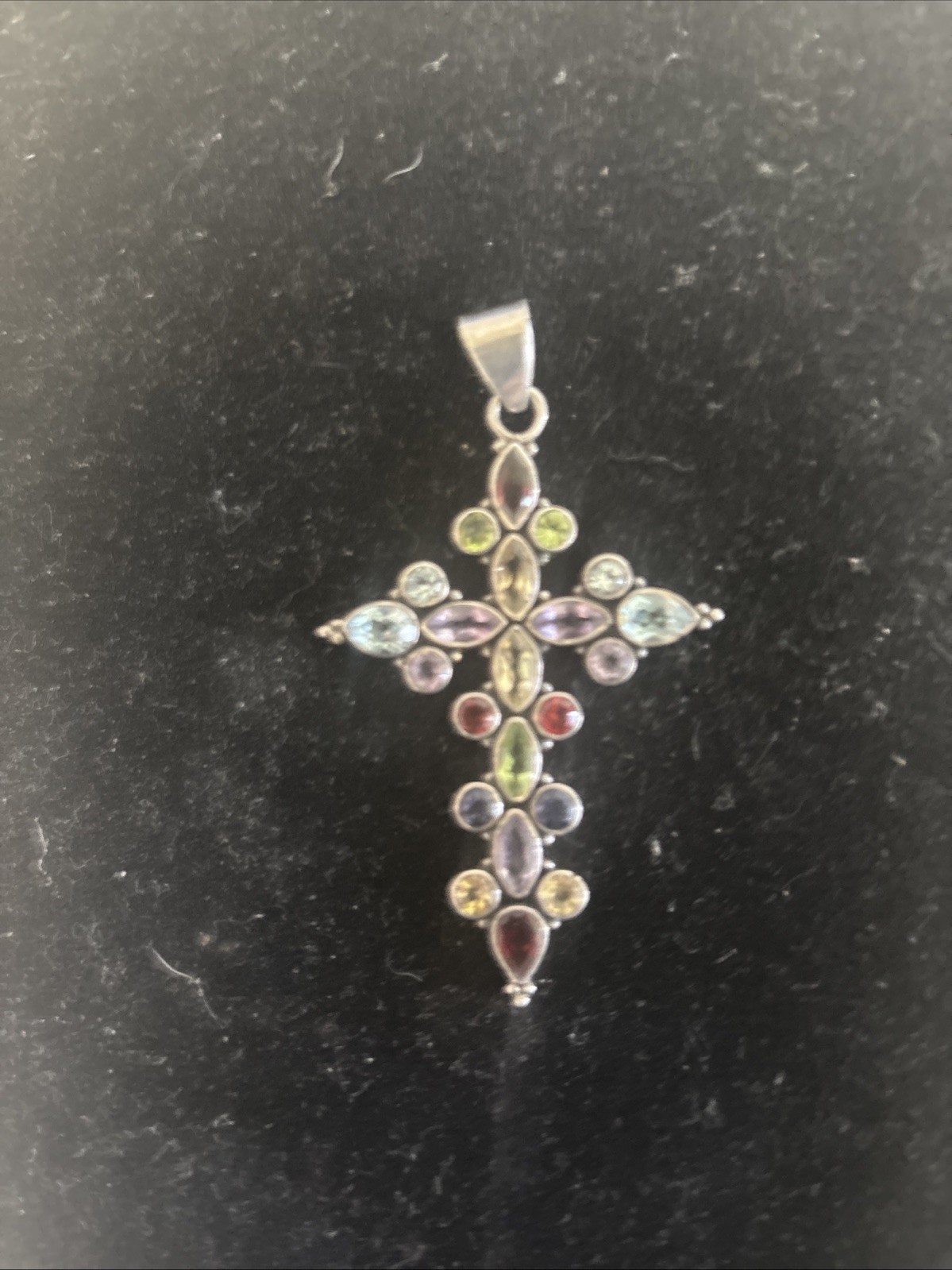 Sterling silver, multi gemstone, Marquise, and round cross pendant