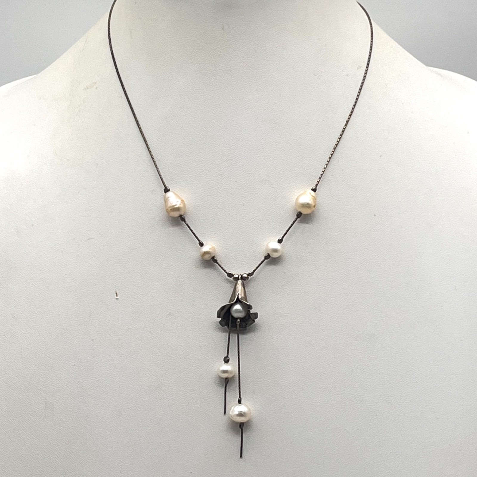 Sterling Silver Flower Necklace Freshwater Pearl Faux Lariat 16″