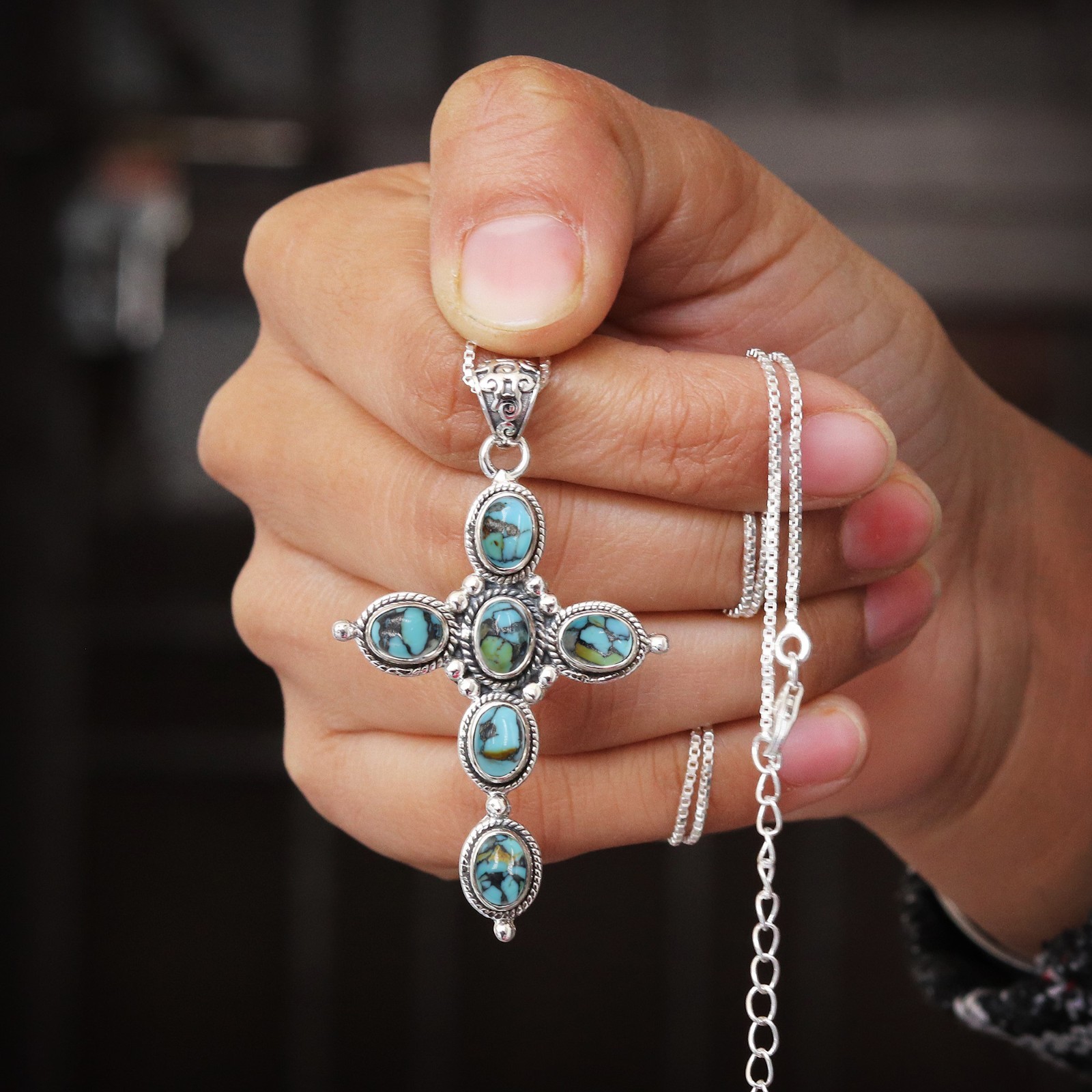 Turquoise Cross Necklace in 925 Sterling Silver with Chain