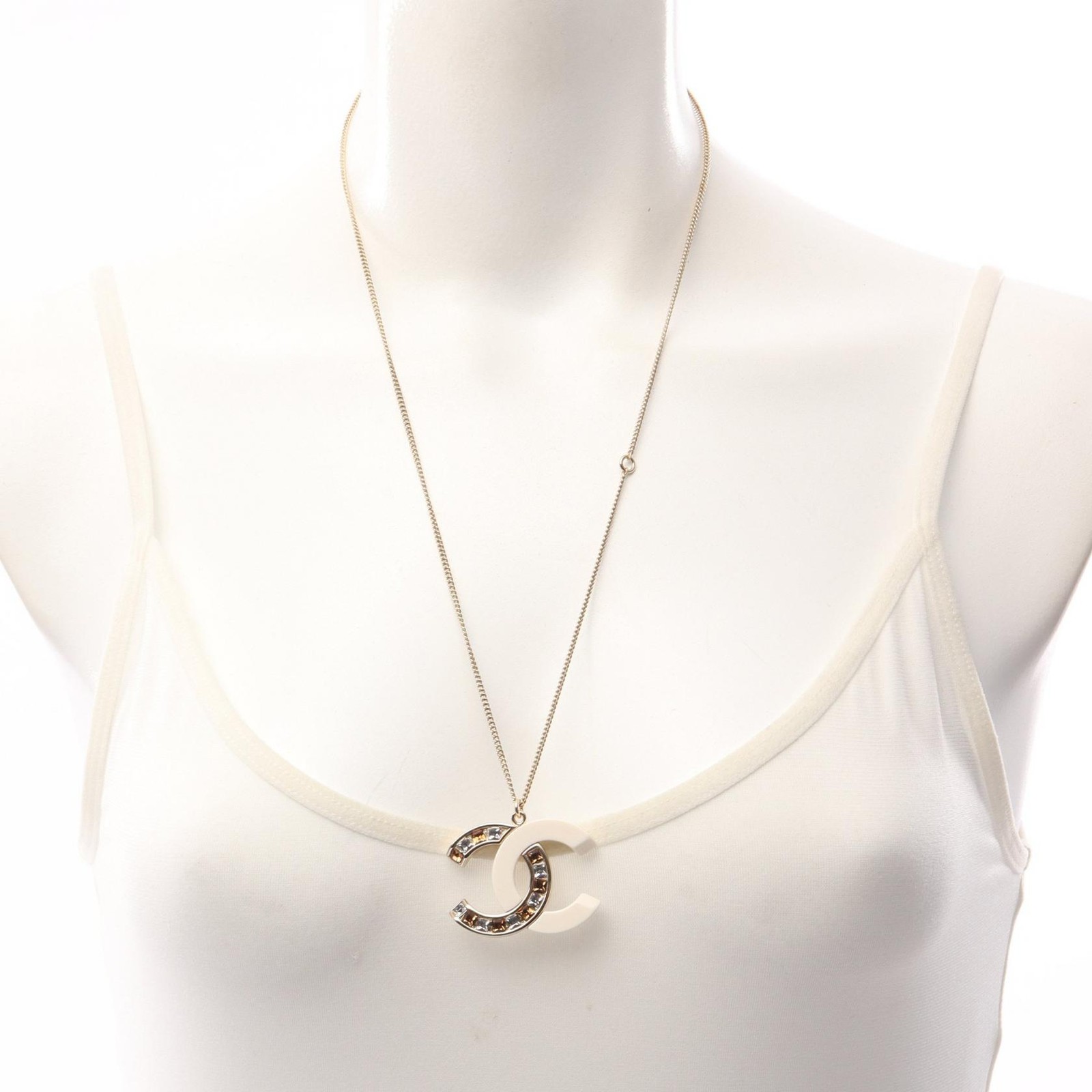 CHANEL COCO Mark Long Necklace Gold Plated Plastic Artificial pearl Used Women