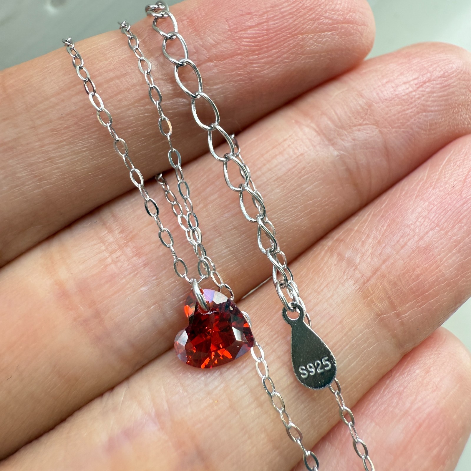925 Sterling Silver Necklace 6mm Heart Red Natural Zircon Gemstone Chain Gift