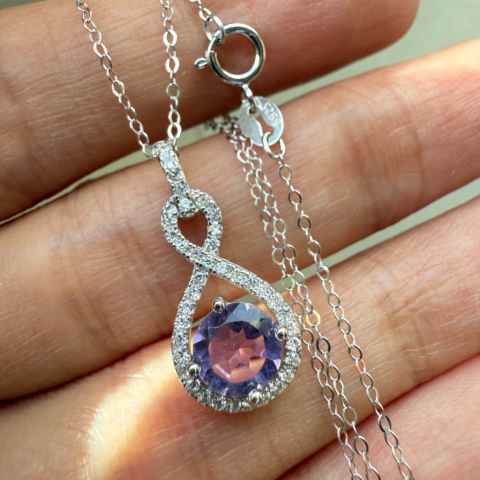925 Sterling Silver Necklace 6mm Natural Amethyst Gemstone Zircon Purple Chain