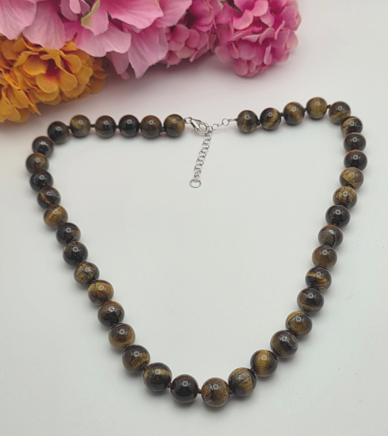 Genuine Tiger’s Eye Beaded Necklace Hand Knotted 925 Sterling Silver 20 In BBJ