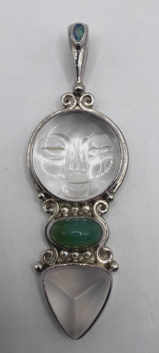 SAJEN Sterling Silver Clear Moon Face Jade Accent Drop Pendant [076DUR]