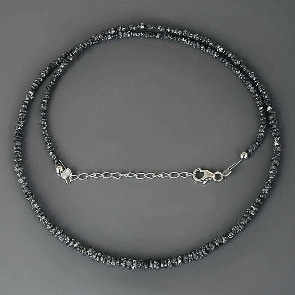 Natural Rough Black Diamond Nugget Beads Necklace Handmade 925 Sterling Silver