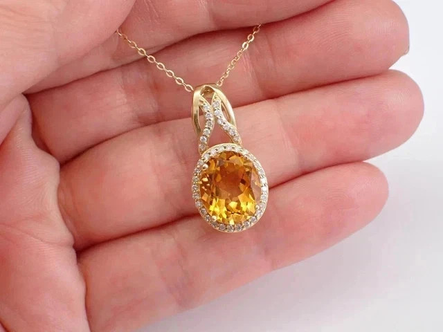 3Ct Oval Cut Lab-Created Diamond Citrine Halo Pendant 14K Yellow Gold Plated