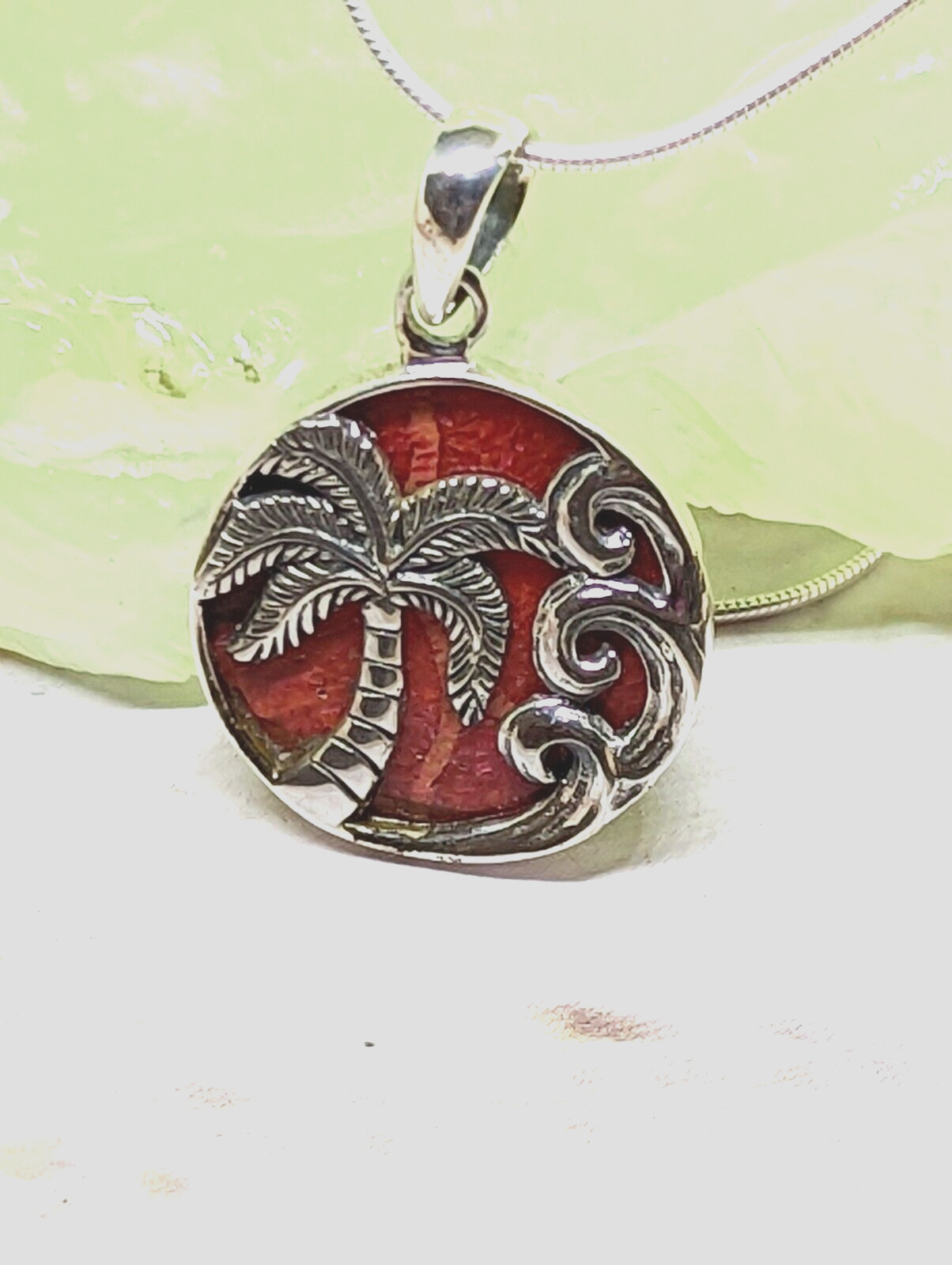 Sterling Silver Palm Tree, Waves and Coral Necklace