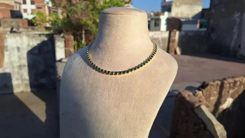 20TCW Round Cut Lab Created Emerald Bezel Tennis Necklace 14k Yellow Gold Plated
