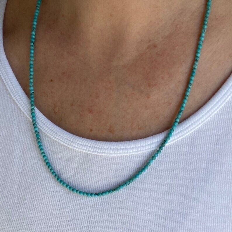 Natural African Turquoise Faceted Round 2MM Gemstone Bead Men Women Necklace 18″