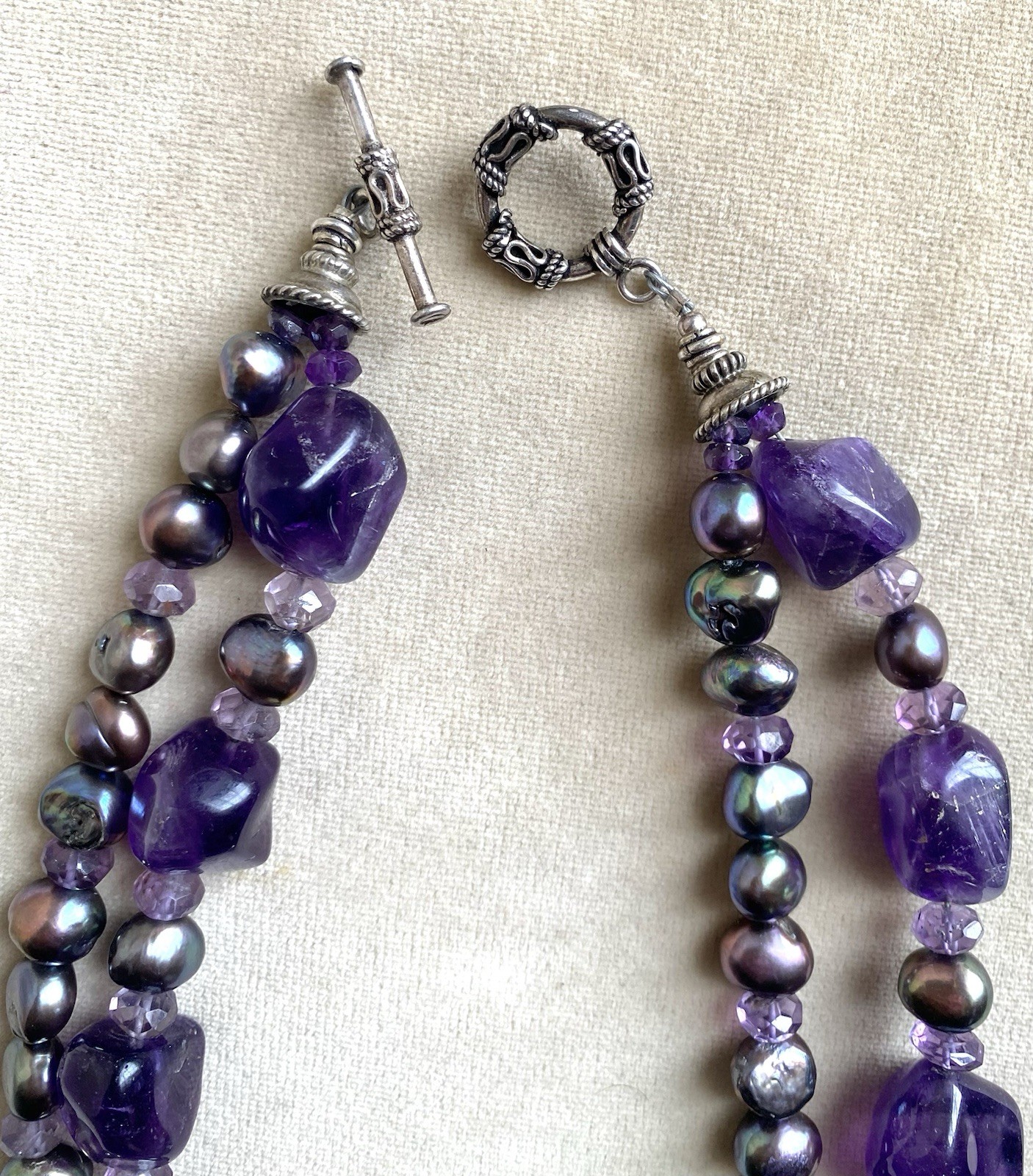 900 SILVER Genuine AMETHYST 20″ Necklace Lavender Freshwater PEARLS 2-Strand