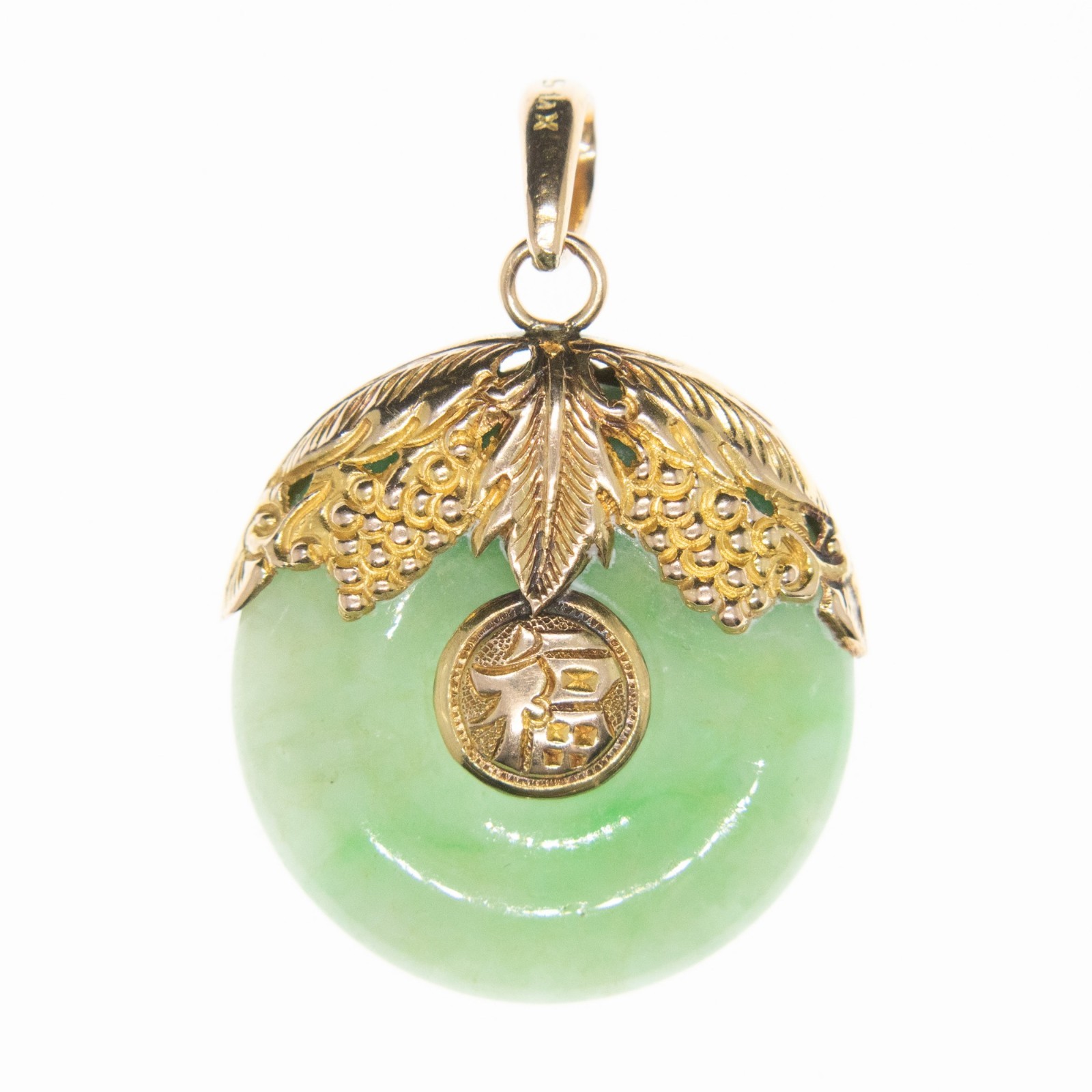 Beautiful Jade Pendant With Gold Vine Decorative Element. Very Good Condition.