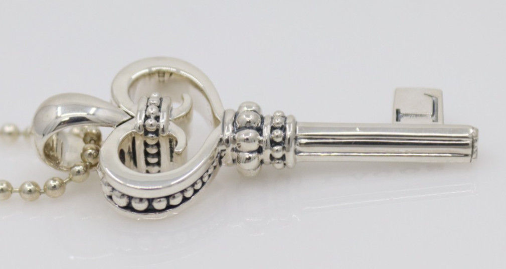 Lagos Caviar Sterling Silver Signature Key Pendant Beaded Necklace 34″ – 24G